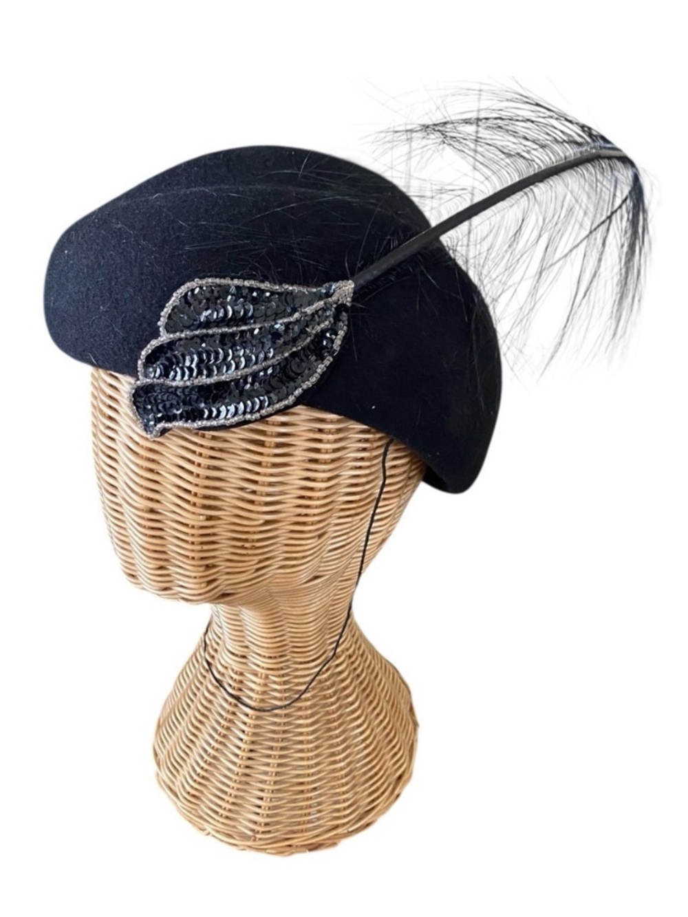 Adolfo II Excello 100% Wool Black Sequin Hat With Feather Vintage Church Easter - Picture 3 of 6